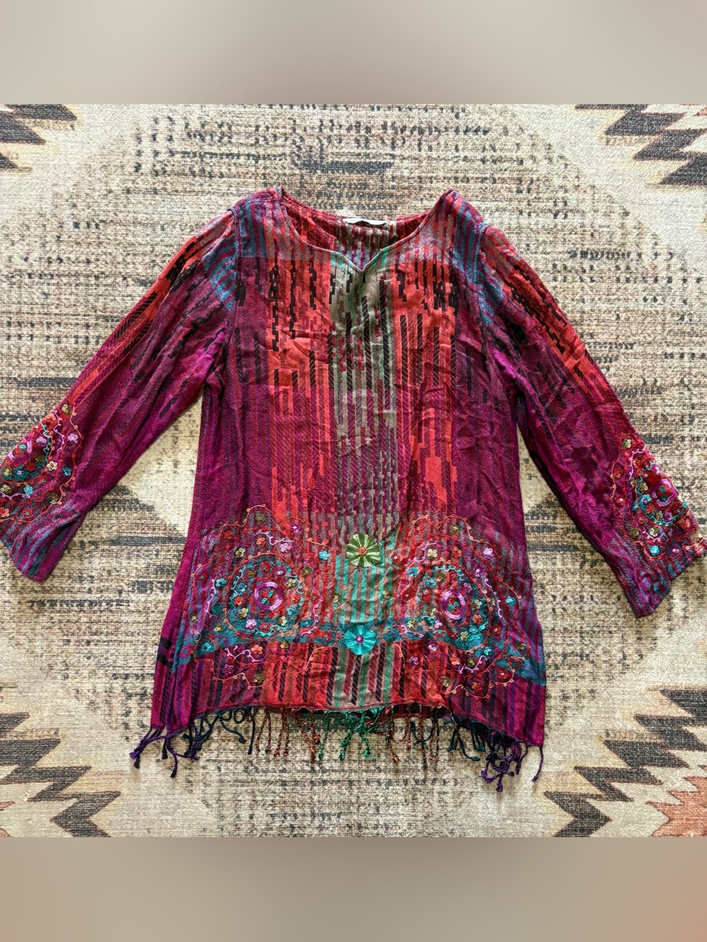 Soft Surroundings Multicolor Embroidered Fringe Tunic